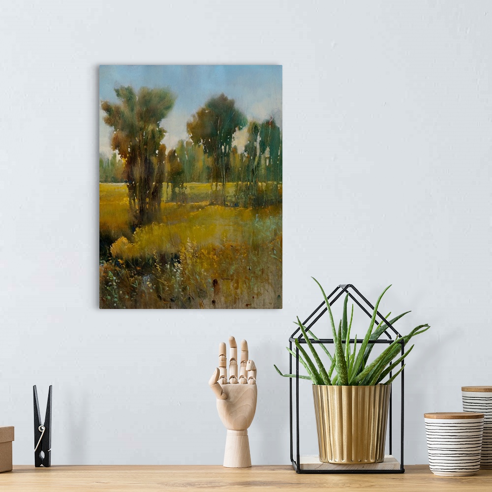 A bohemian room featuring Contemporary painting of a meadow clearing in a countryside environment.