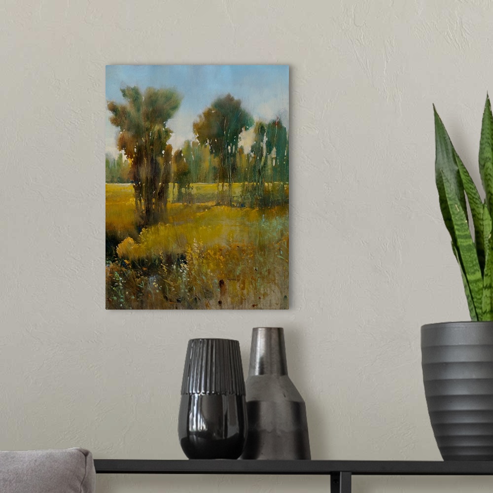 A modern room featuring Contemporary painting of a meadow clearing in a countryside environment.