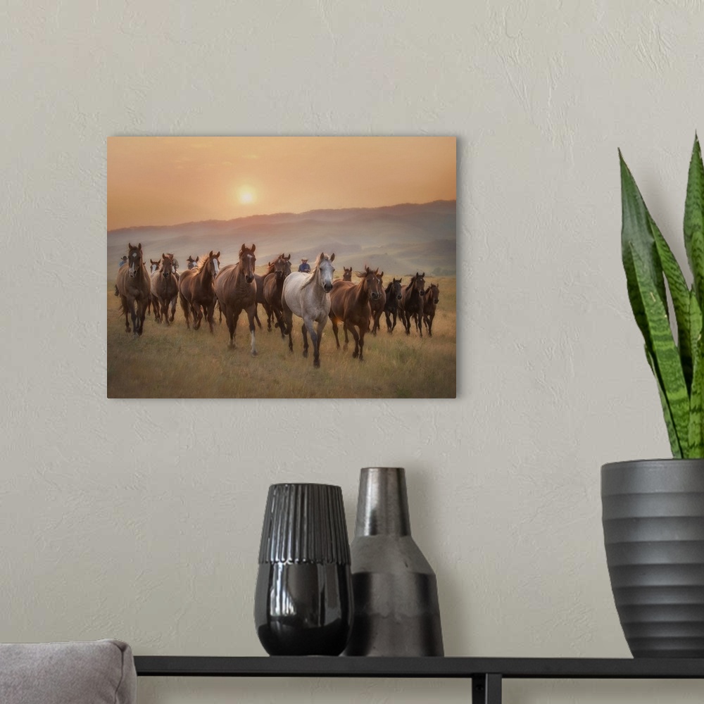 A modern room featuring Sunkissed Horses II