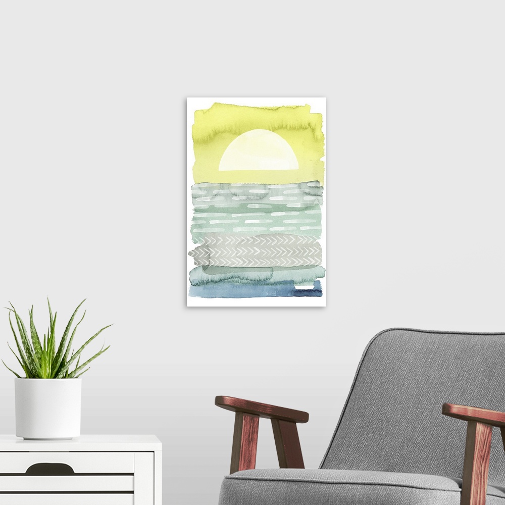 A modern room featuring Abstract interpretation of of seascape made with watercolor.