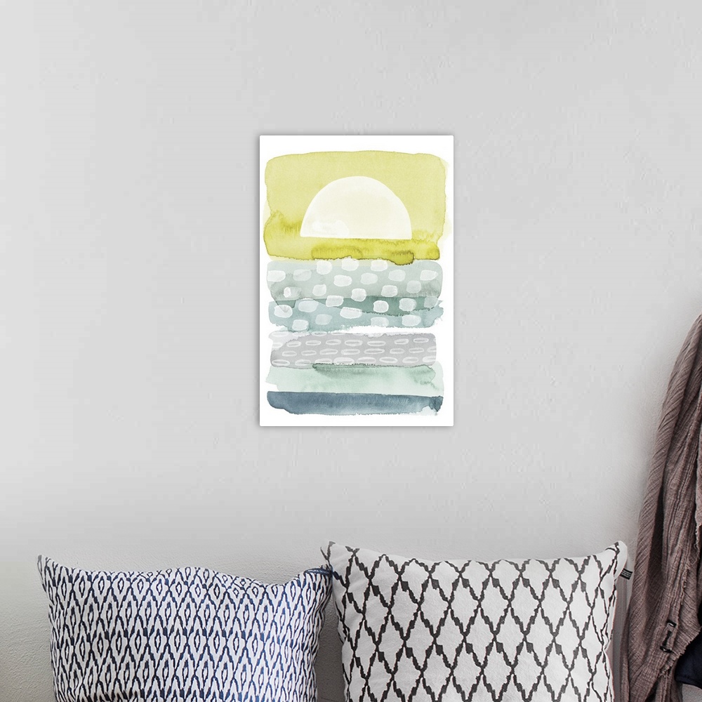 A bohemian room featuring Abstract interpretation of of seascape made with watercolor.