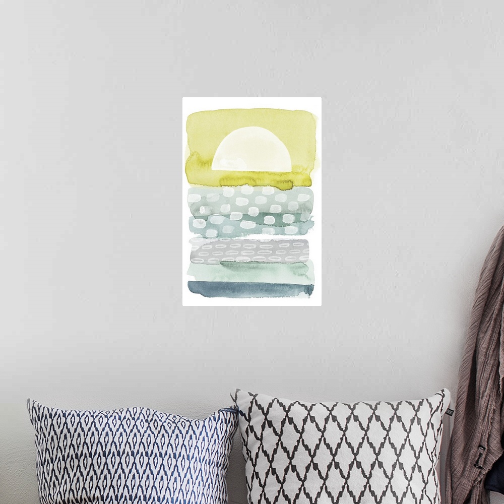 A bohemian room featuring Abstract interpretation of of seascape made with watercolor.