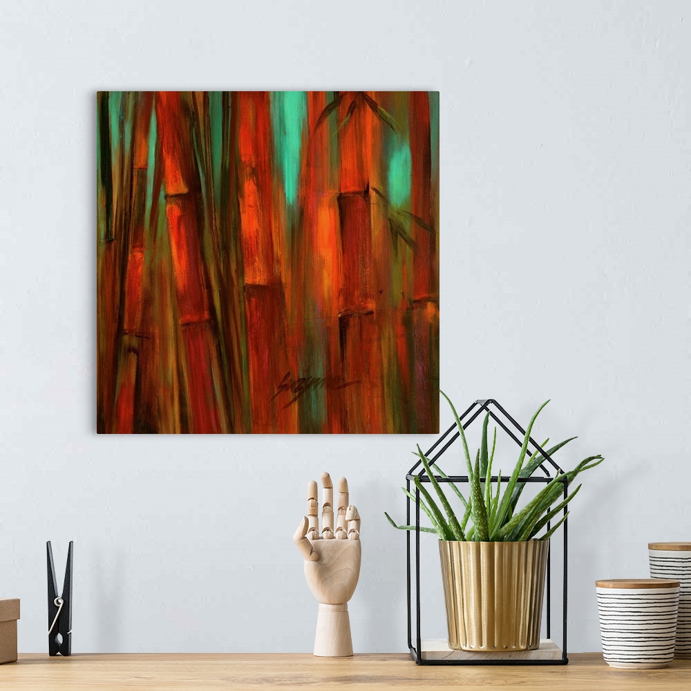 A bohemian room featuring Contemporary painting of a brilliant red bamboo stalks with hints of jade green peering out throu...
