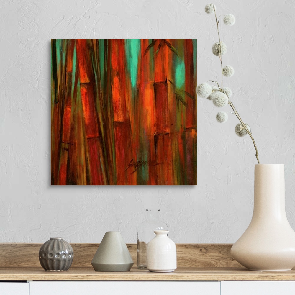 A farmhouse room featuring Contemporary painting of a brilliant red bamboo stalks with hints of jade green peering out throu...