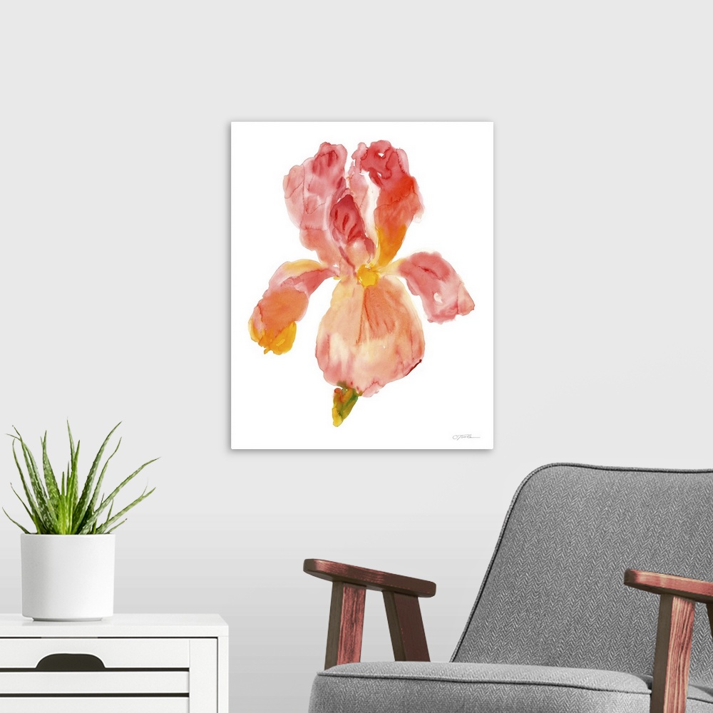 A modern room featuring Contemporary watercolor painting of a flower in warm red and orange tones.