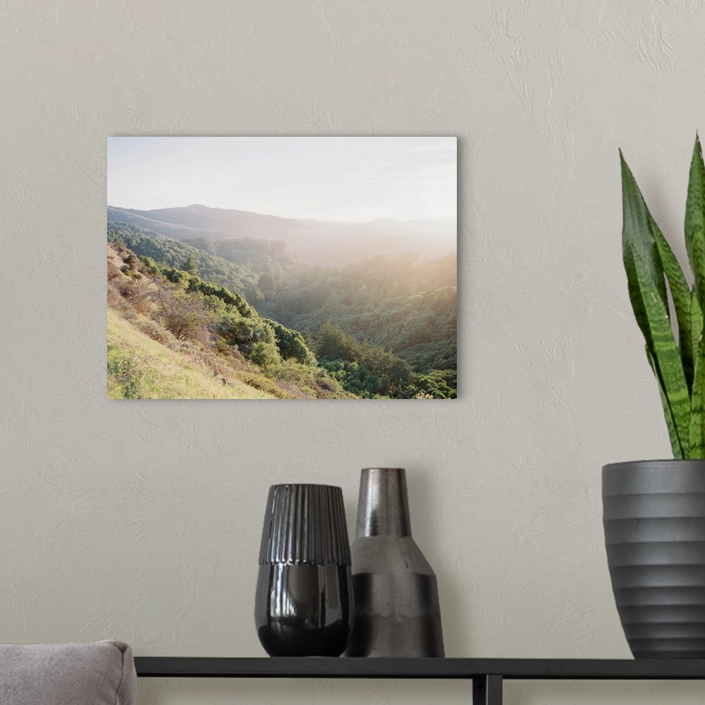 A modern room featuring Photograph of late afternoon sun hitting the hills of California.