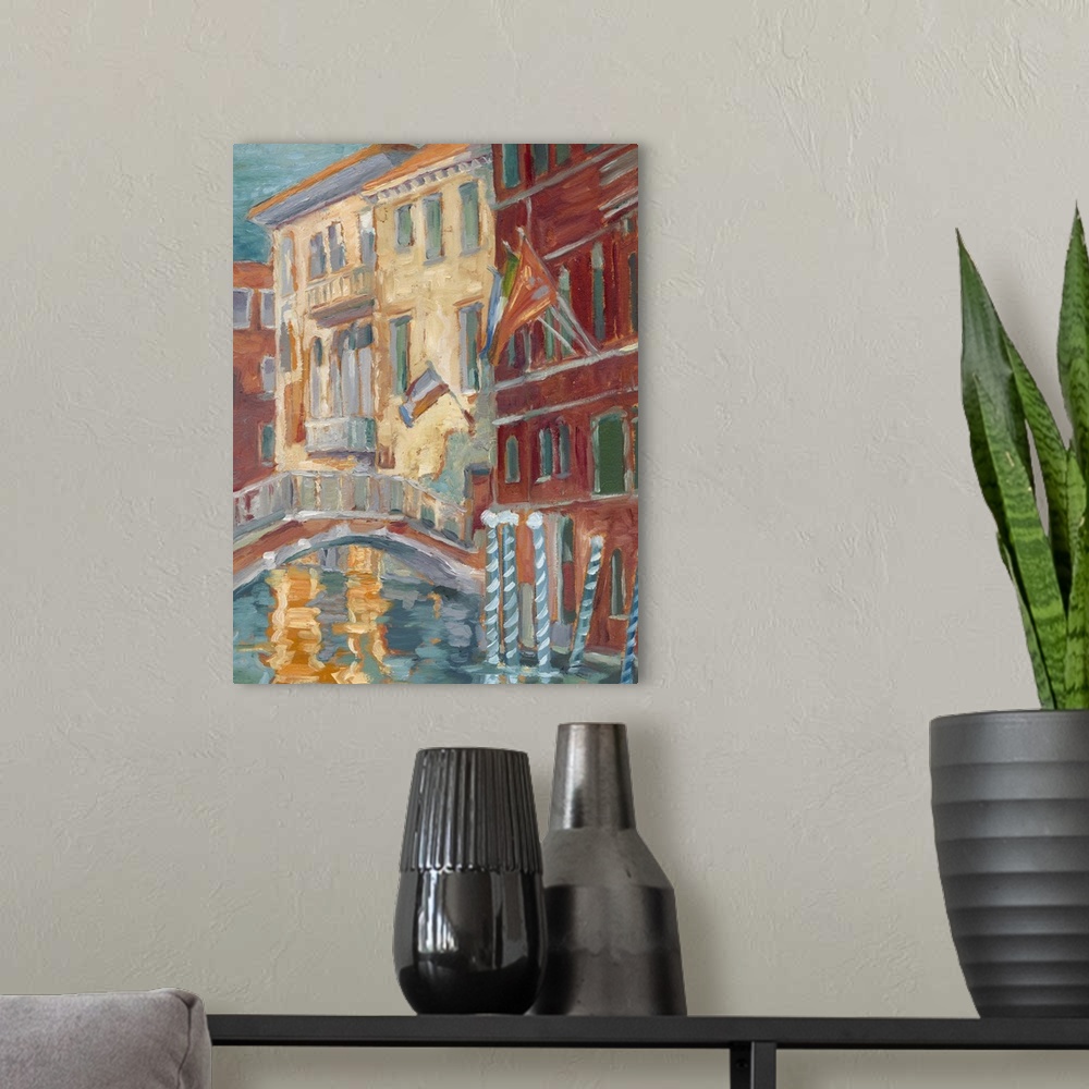 A modern room featuring Contemporary painting of a bridge over a canal in Venice, Italy during sunset.