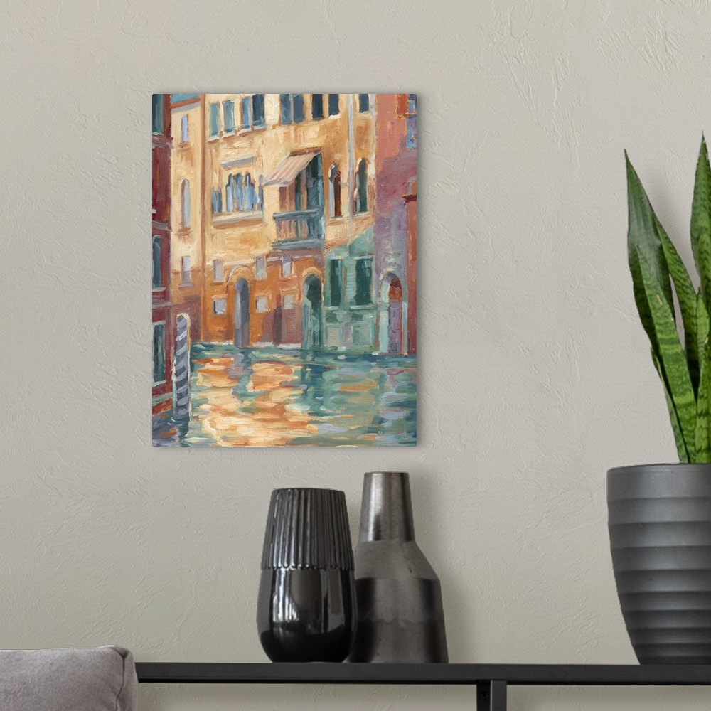 A modern room featuring Contemporary painting of a canal in Venice, Italy during sunset.