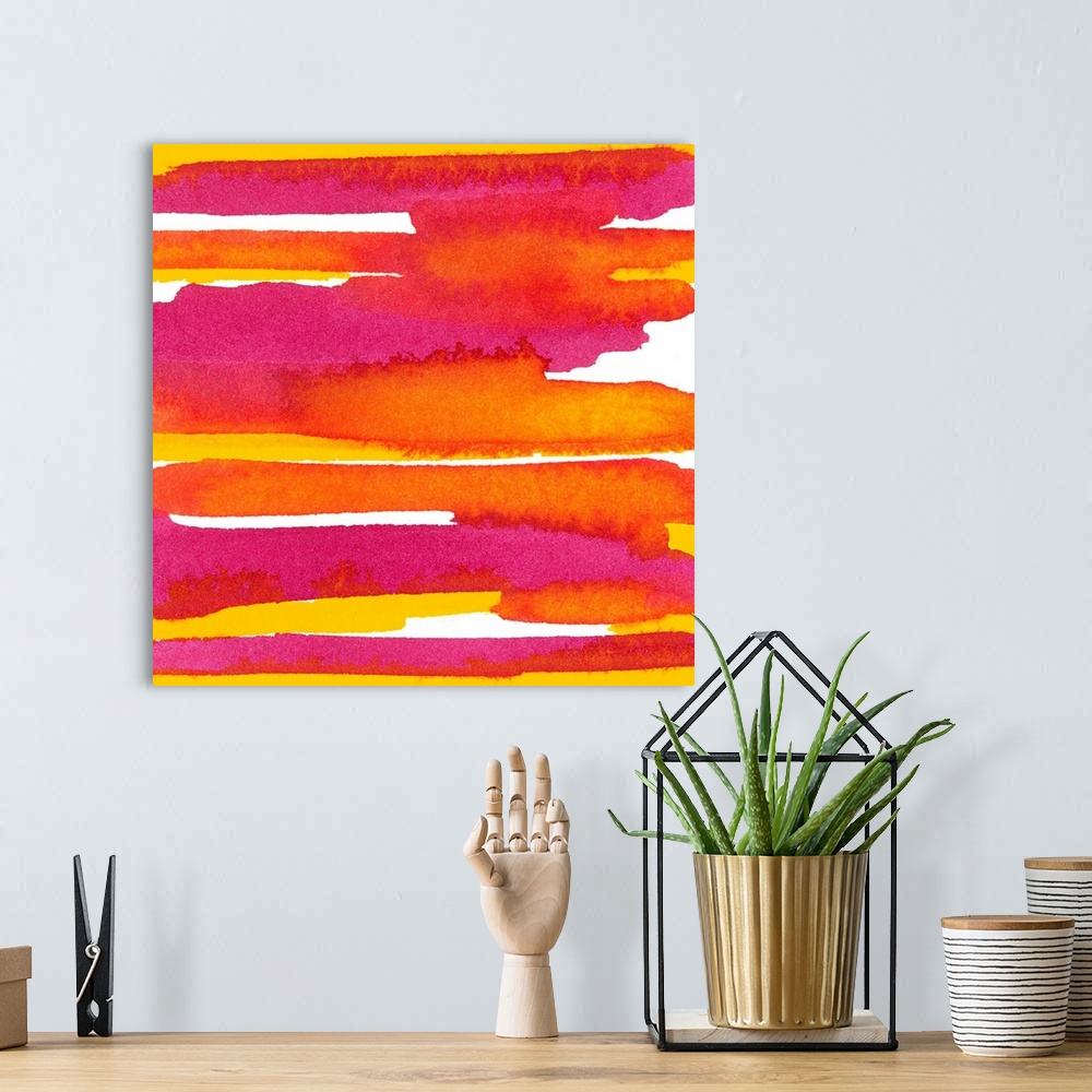 A bohemian room featuring Contemporary abstract painting using rich orange and red tones.