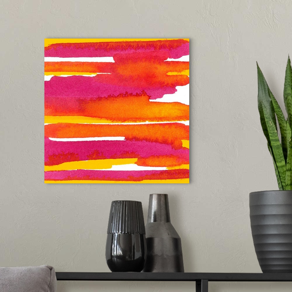 A modern room featuring Contemporary abstract painting using rich orange and red tones.