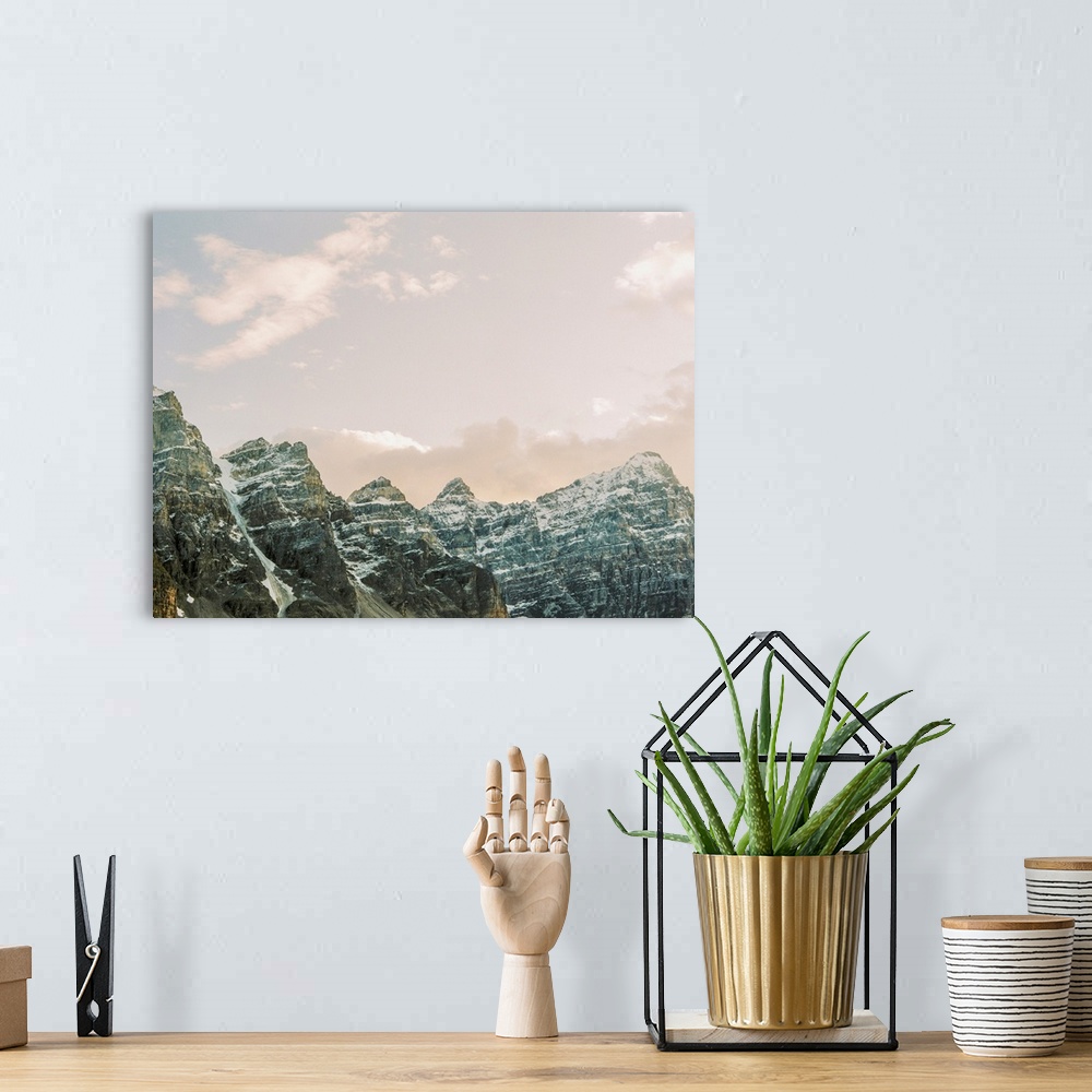 A bohemian room featuring Photograph of the ten peaks mountains, Moraine Lake, Banff, Canada.
