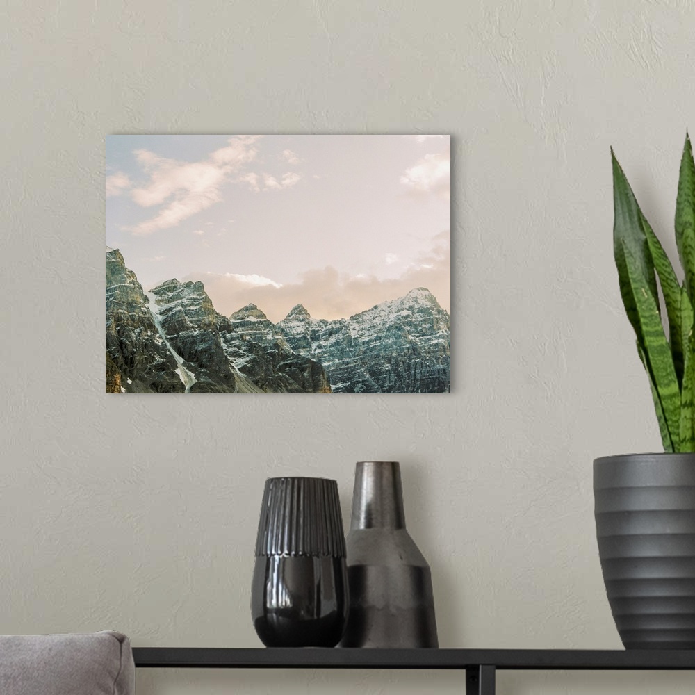 A modern room featuring Photograph of the ten peaks mountains, Moraine Lake, Banff, Canada.