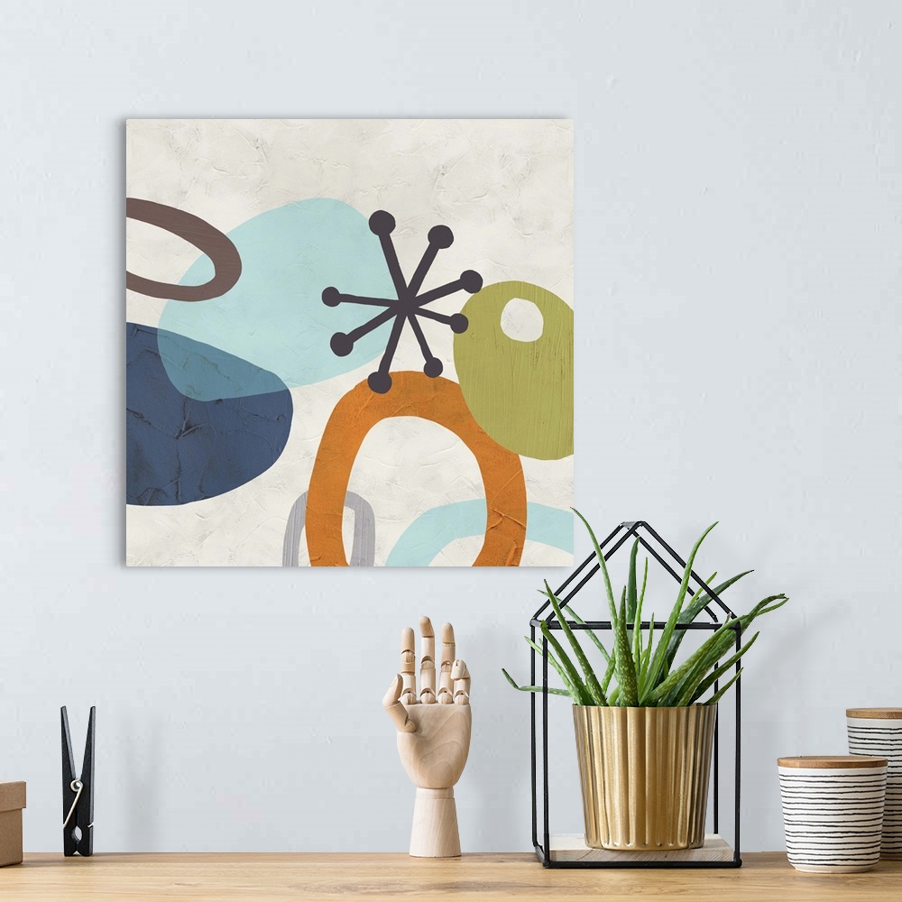 A bohemian room featuring Contemporary abstract painting using organic funky shapes in muted colors against an off-white ba...