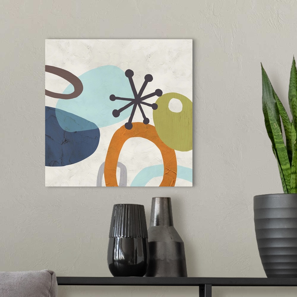 A modern room featuring Contemporary abstract painting using organic funky shapes in muted colors against an off-white ba...