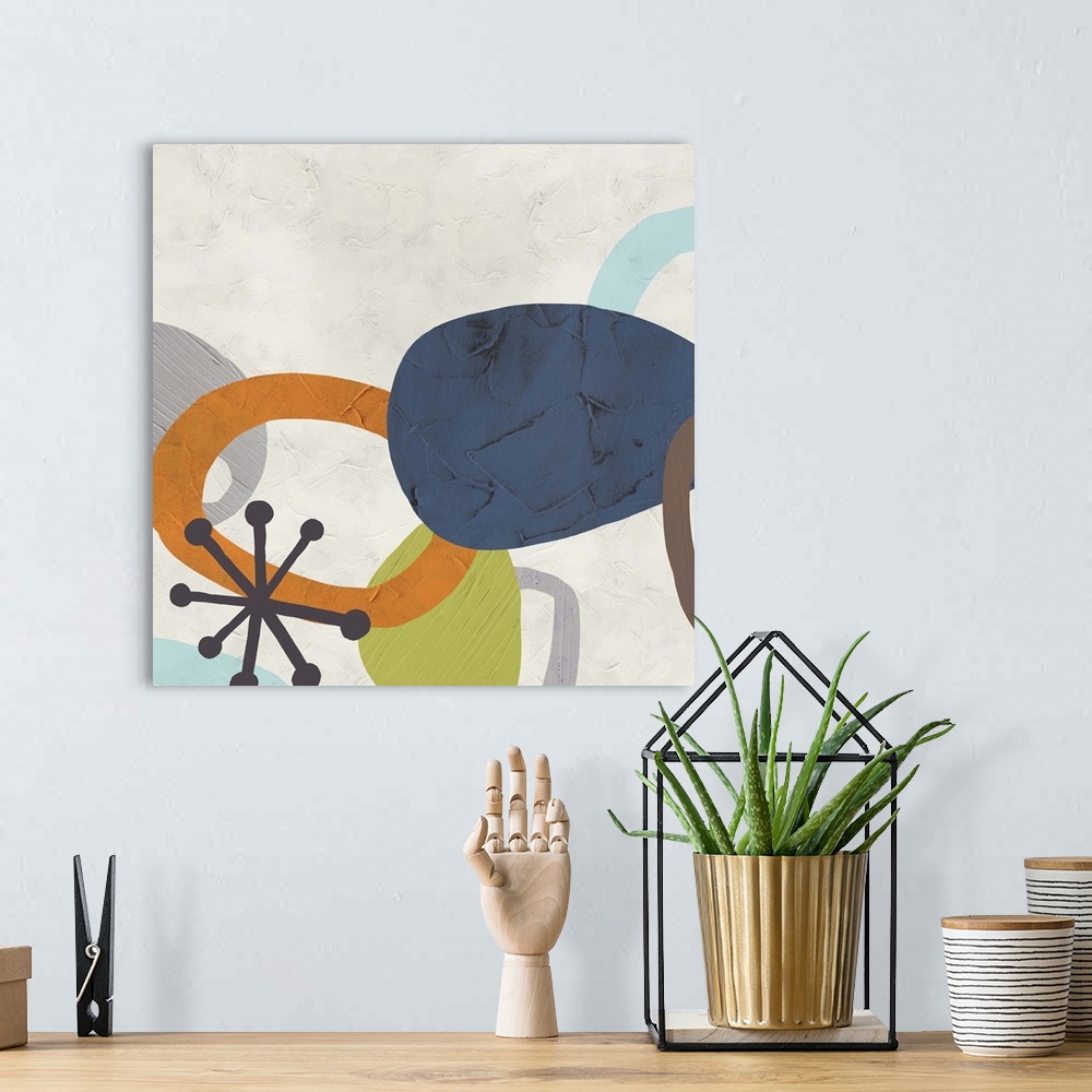 A bohemian room featuring Contemporary abstract painting using organic funky shapes in muted colors against an off-white ba...