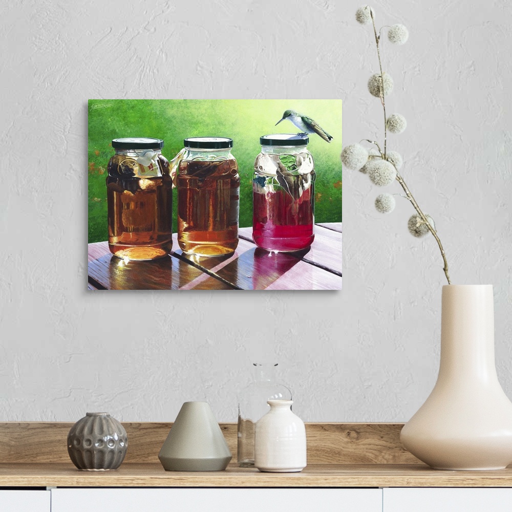 A farmhouse room featuring Contemporary wildlife painting of a humming bird investigating three jars of fresh, homemade tea.