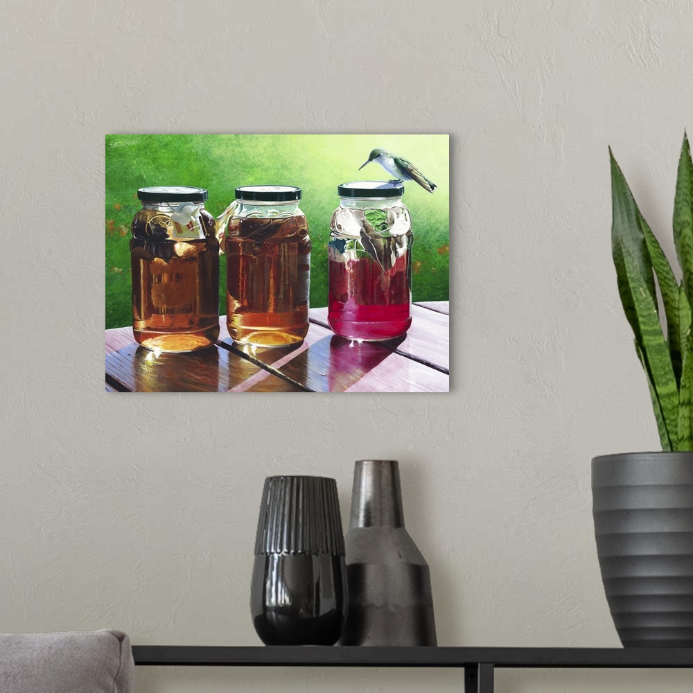 A modern room featuring Contemporary wildlife painting of a humming bird investigating three jars of fresh, homemade tea.