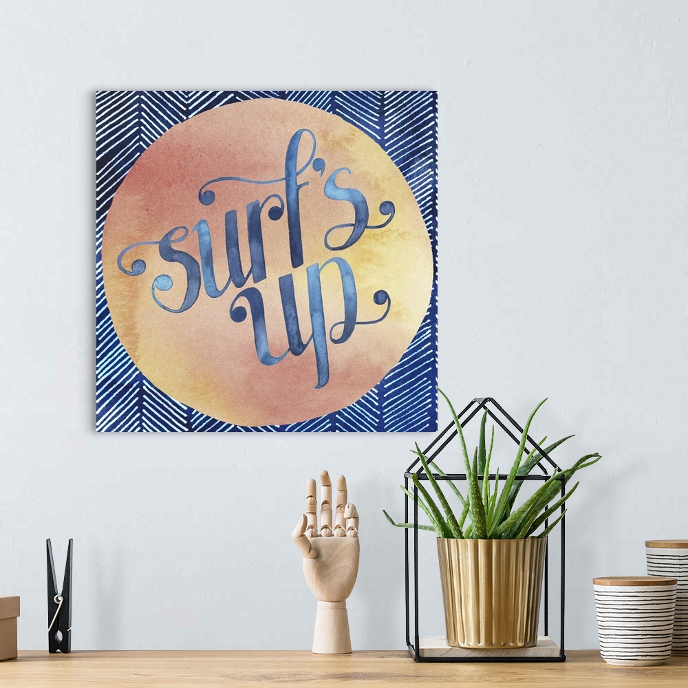 A bohemian room featuring Retro style watercolor sign reading "Surf's Up" in a peach-colored circle.