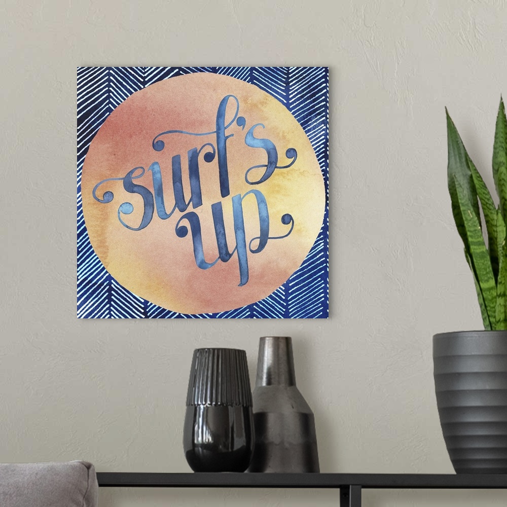 A modern room featuring Retro style watercolor sign reading "Surf's Up" in a peach-colored circle.
