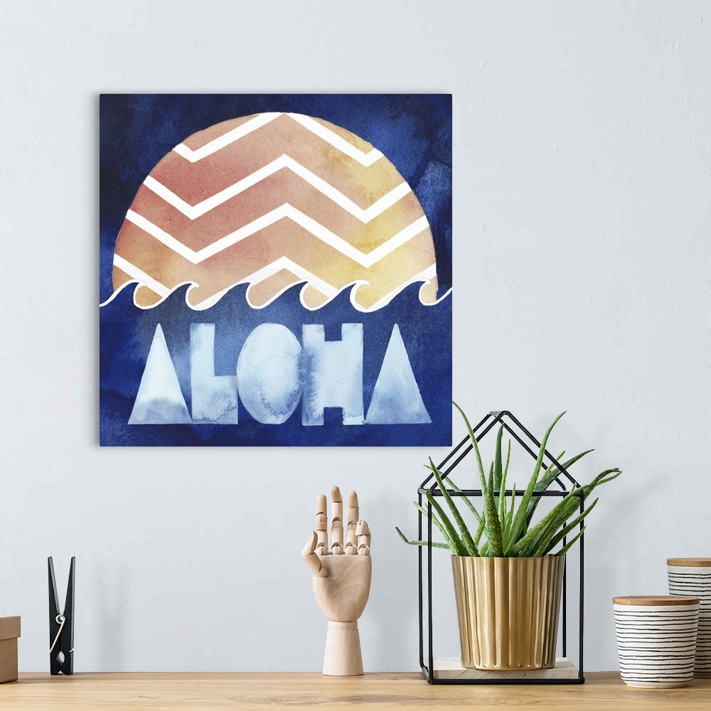 A bohemian room featuring Retro style watercolor artwork with a patterned sun and waves, with the word "Aloha."