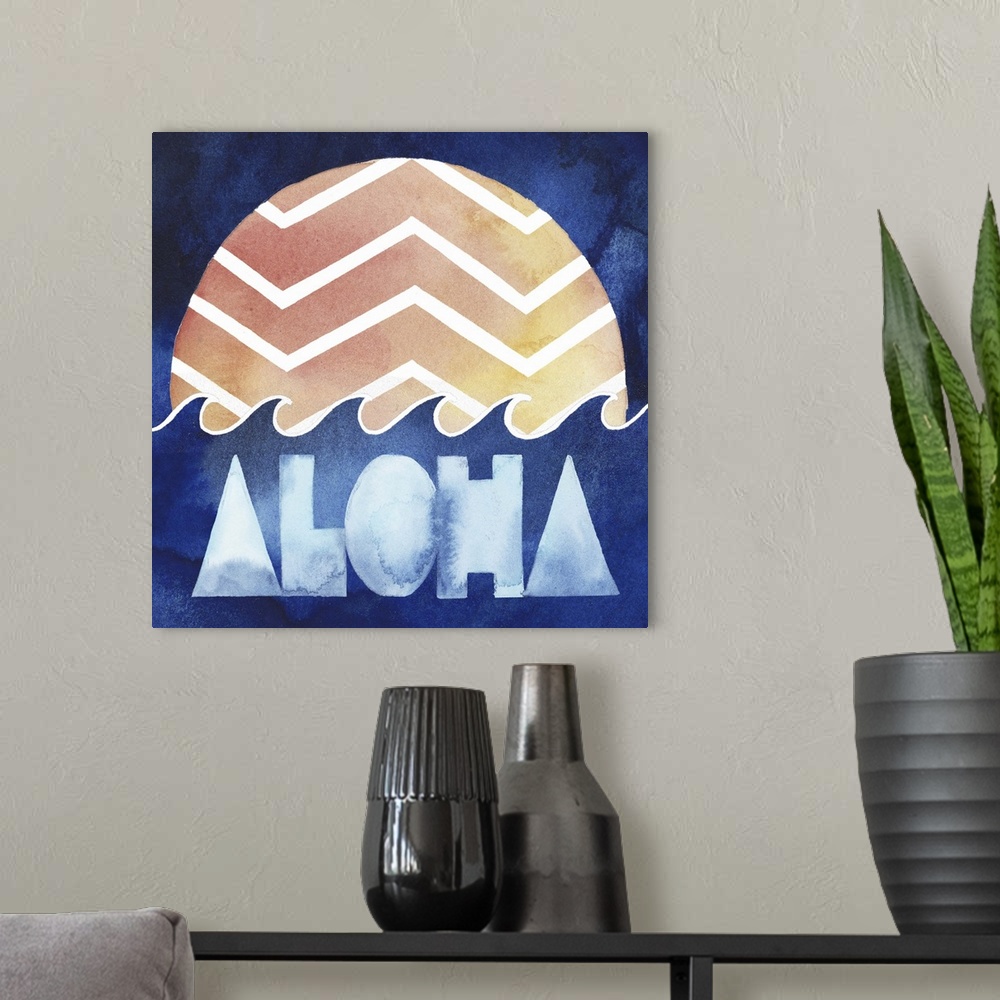 A modern room featuring Retro style watercolor artwork with a patterned sun and waves, with the word "Aloha."