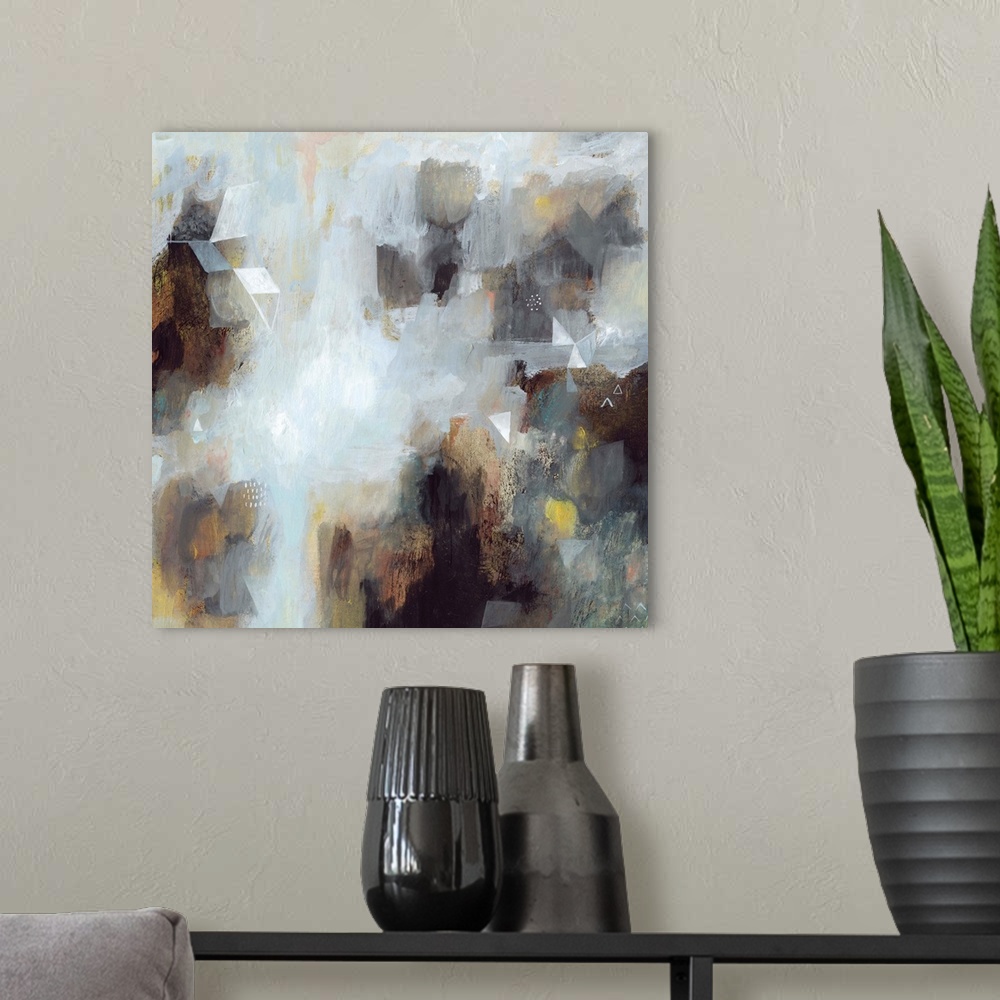 A modern room featuring Contemporary abstract painting in contrasting dark and light hues.