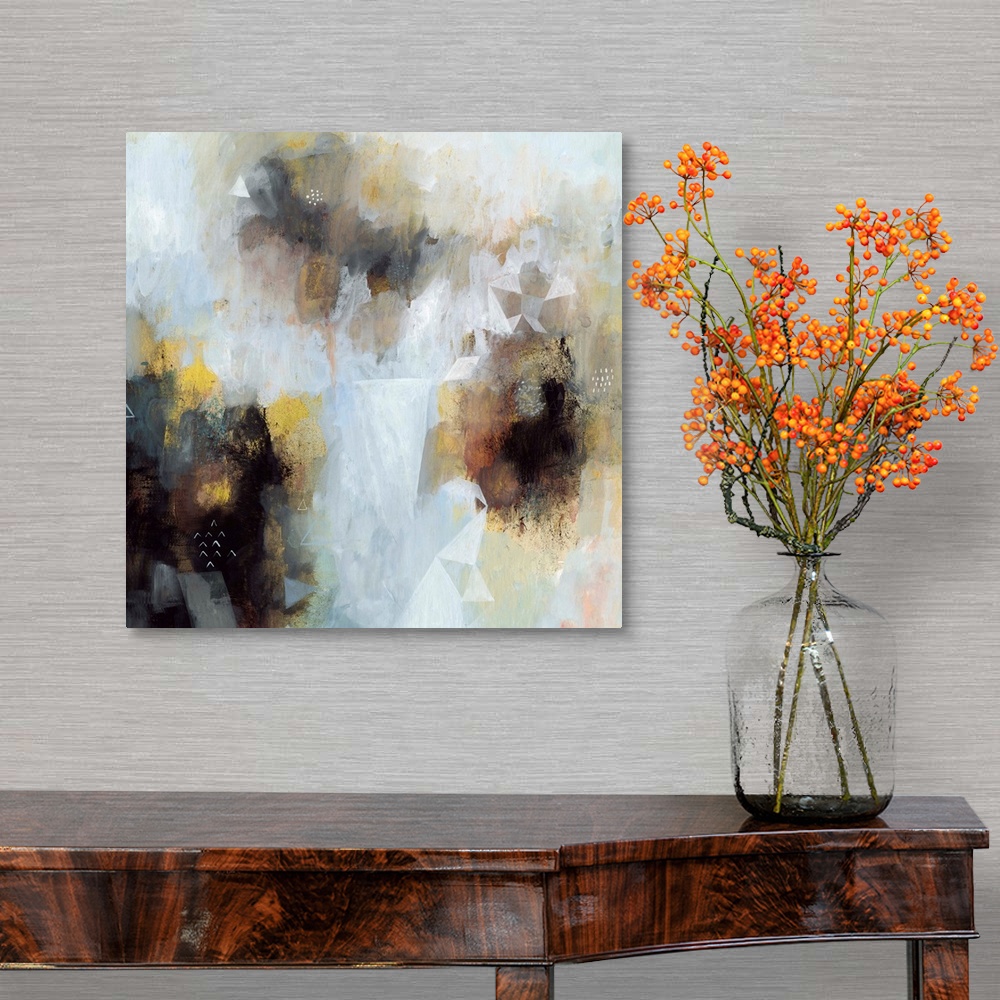 A traditional room featuring Contemporary abstract painting in contrasting dark and light hues.