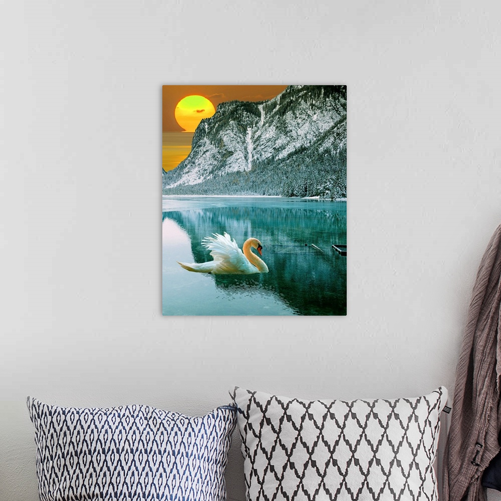 A bohemian room featuring A contemporary surrealist collage of a swan on a calm blue lake in front of a snowy mountain and ...