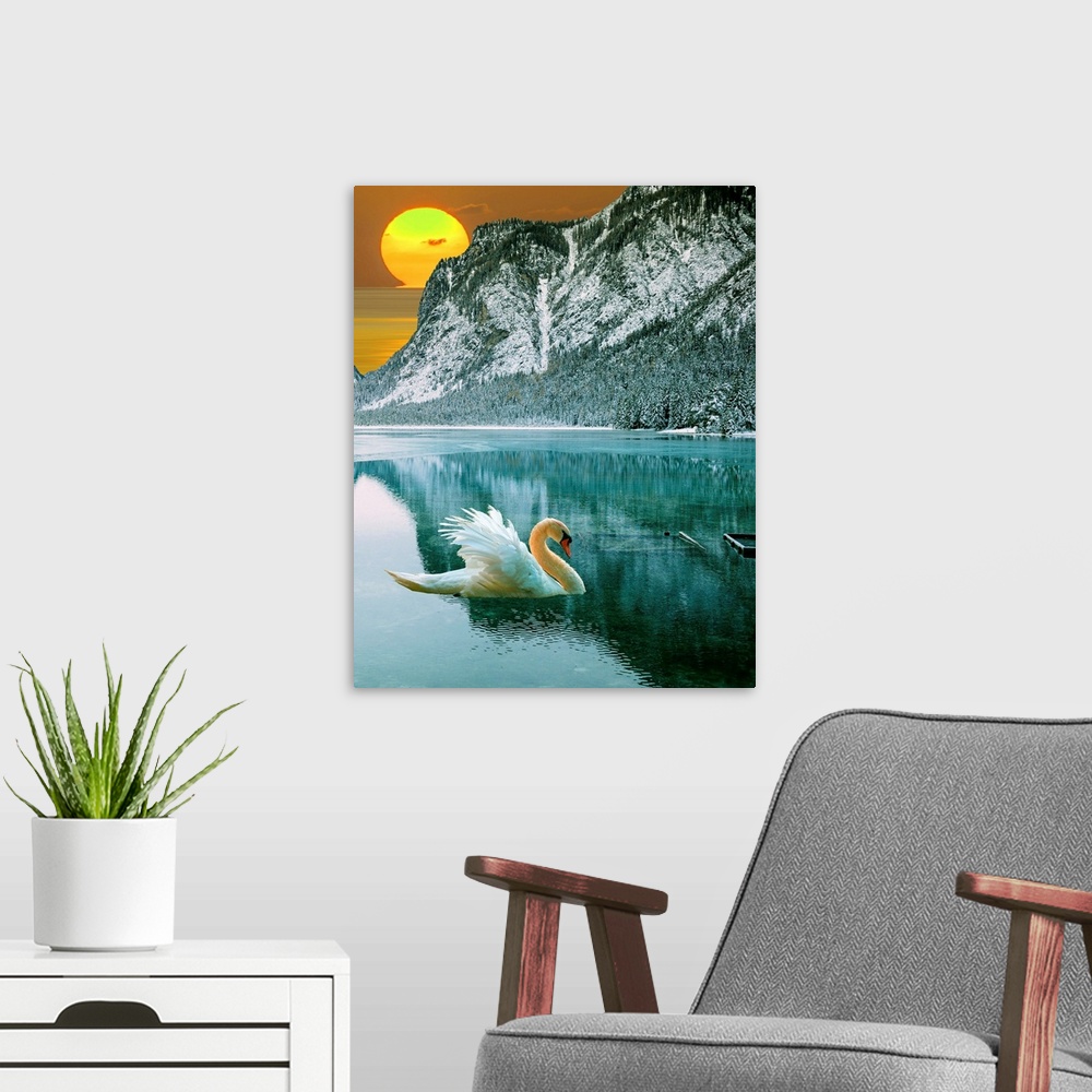 A modern room featuring A contemporary surrealist collage of a swan on a calm blue lake in front of a snowy mountain and ...