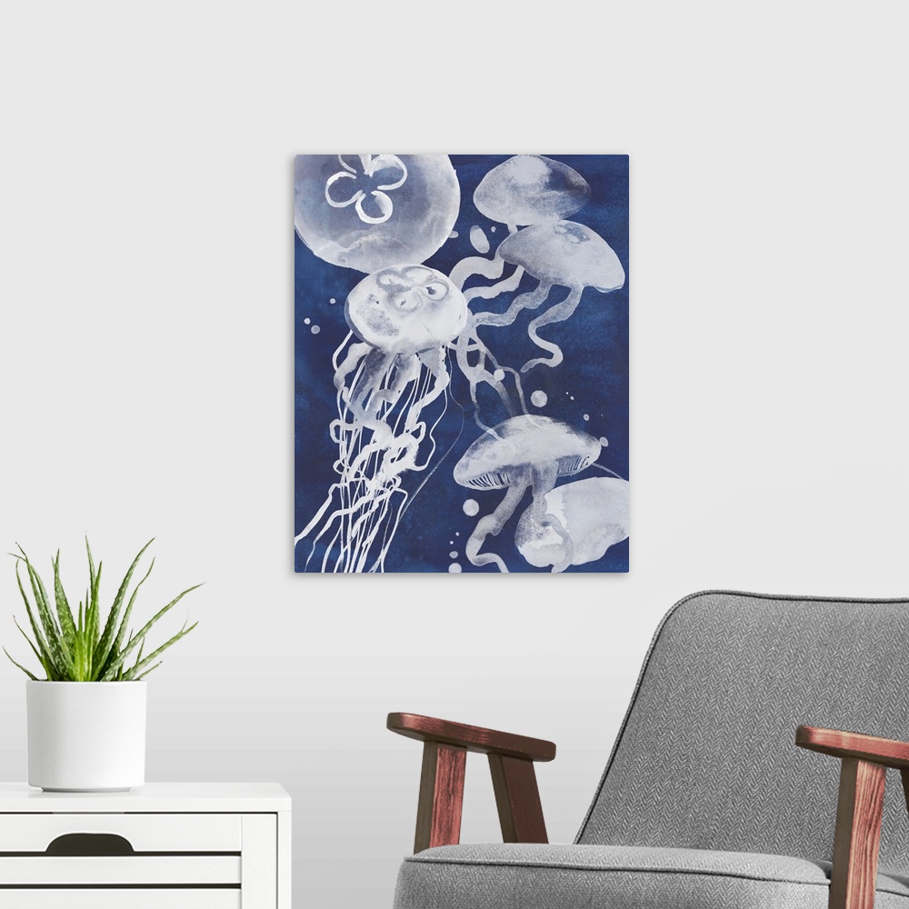 A modern room featuring Painting of several white jellyfish swimming in the ocean.