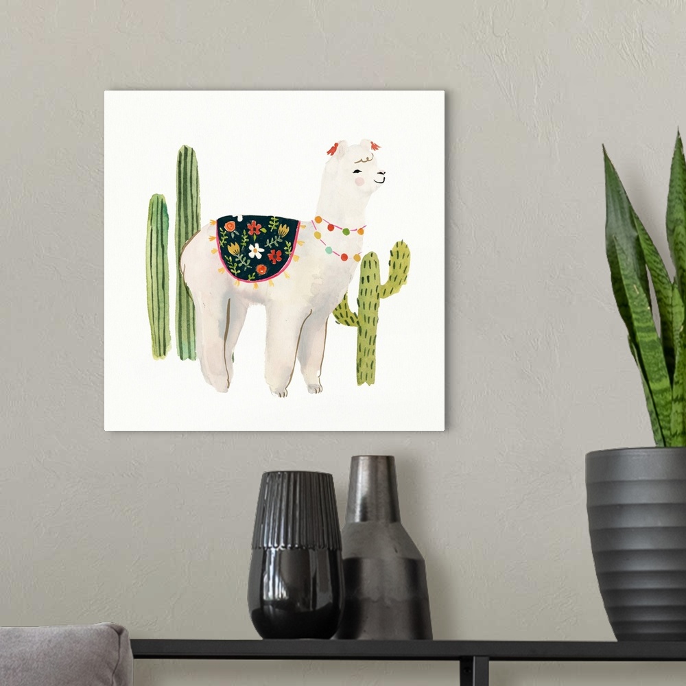 A modern room featuring Festive watercolor alpaca in a southwestern landscape with cacti in the background.