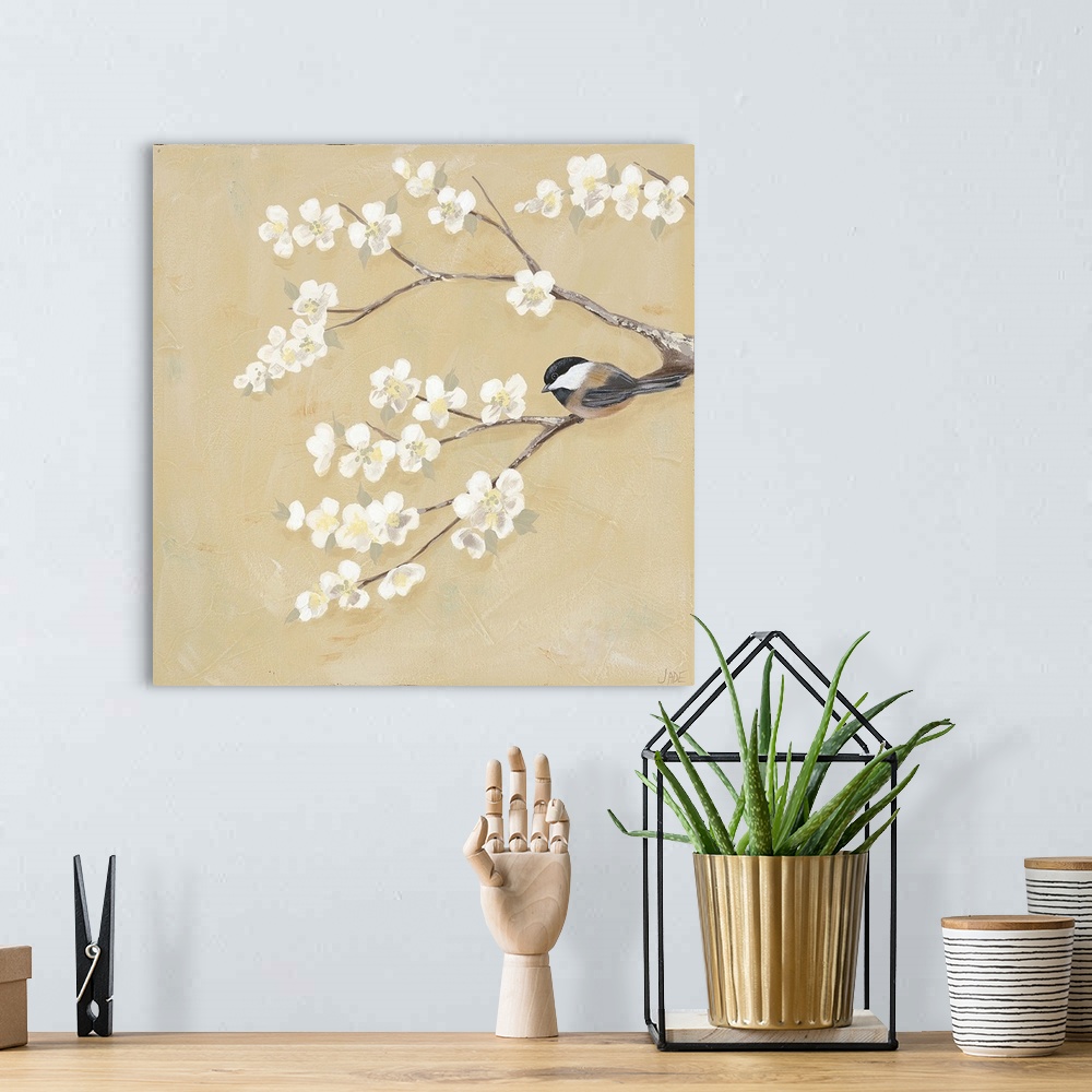 A bohemian room featuring Contemporary artwork of a little chickadee bird on a blossoming tree branch.
