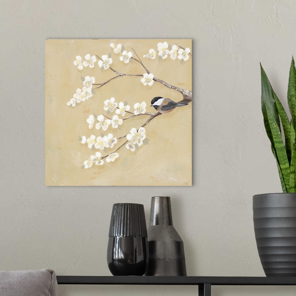 A modern room featuring Contemporary artwork of a little chickadee bird on a blossoming tree branch.