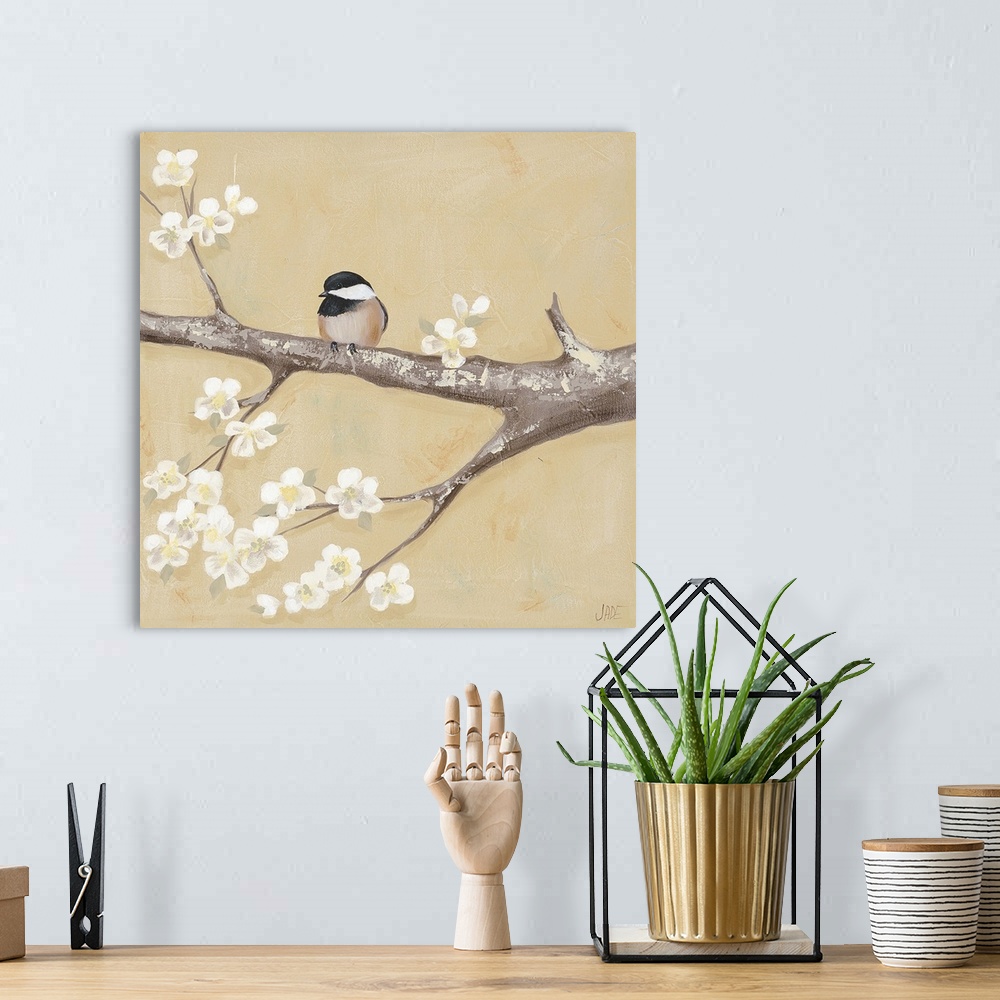 A bohemian room featuring Contemporary artwork of a little chickadee bird on a blossoming tree branch.