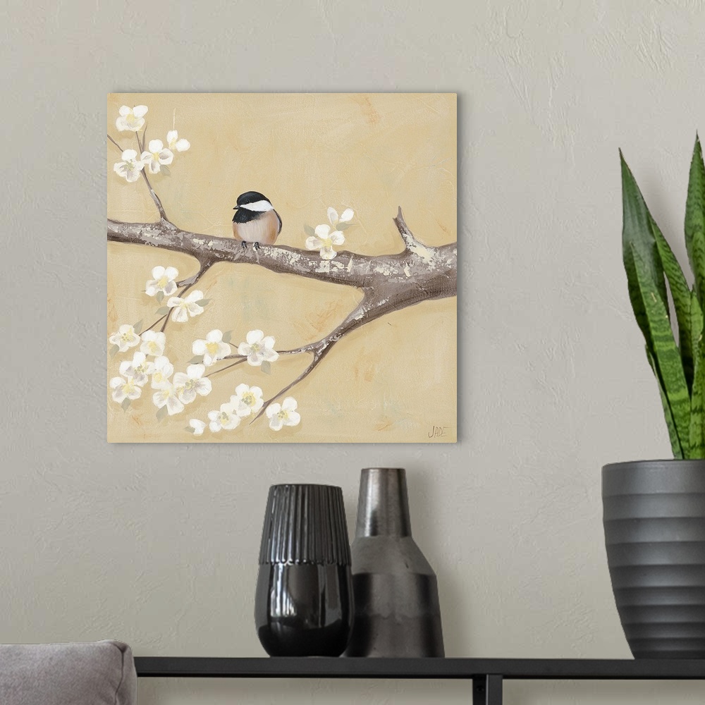 A modern room featuring Contemporary artwork of a little chickadee bird on a blossoming tree branch.