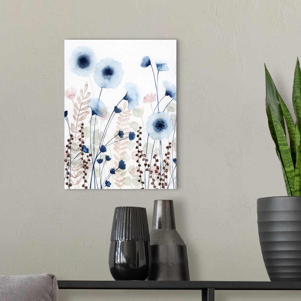 A modern room featuring In this decorative artwork, blue and pink wildflowers with merlot colored foliage made from water...