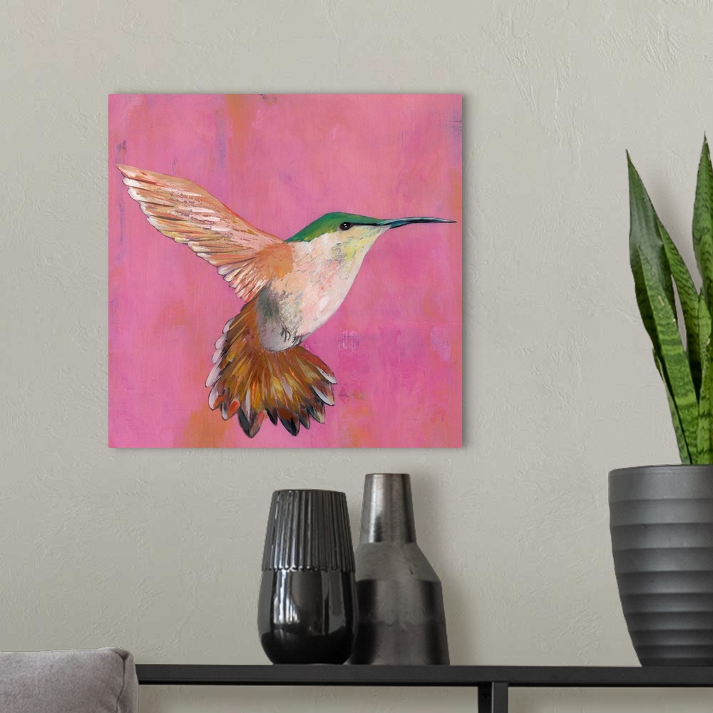 A modern room featuring Contemporary painting of a hummingbird hovering against a pink background.