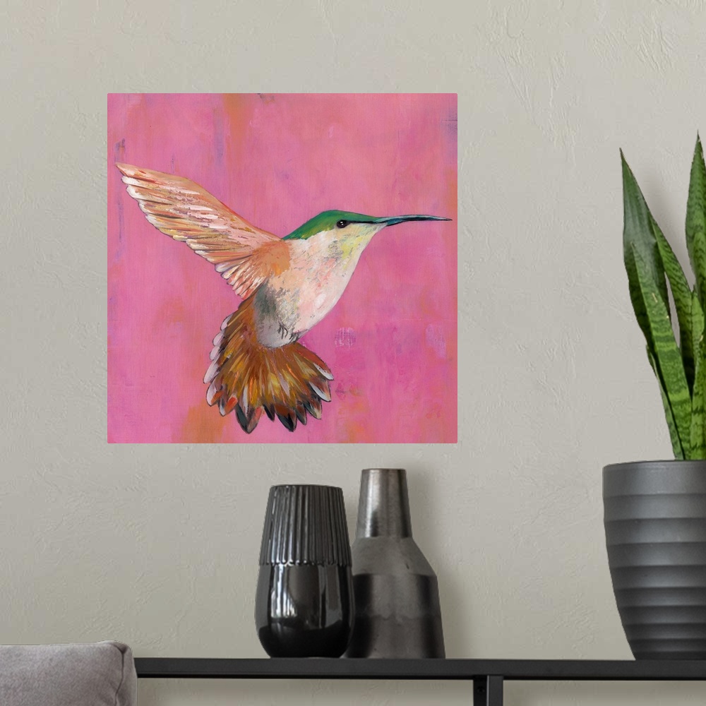 A modern room featuring Contemporary painting of a hummingbird hovering against a pink background.