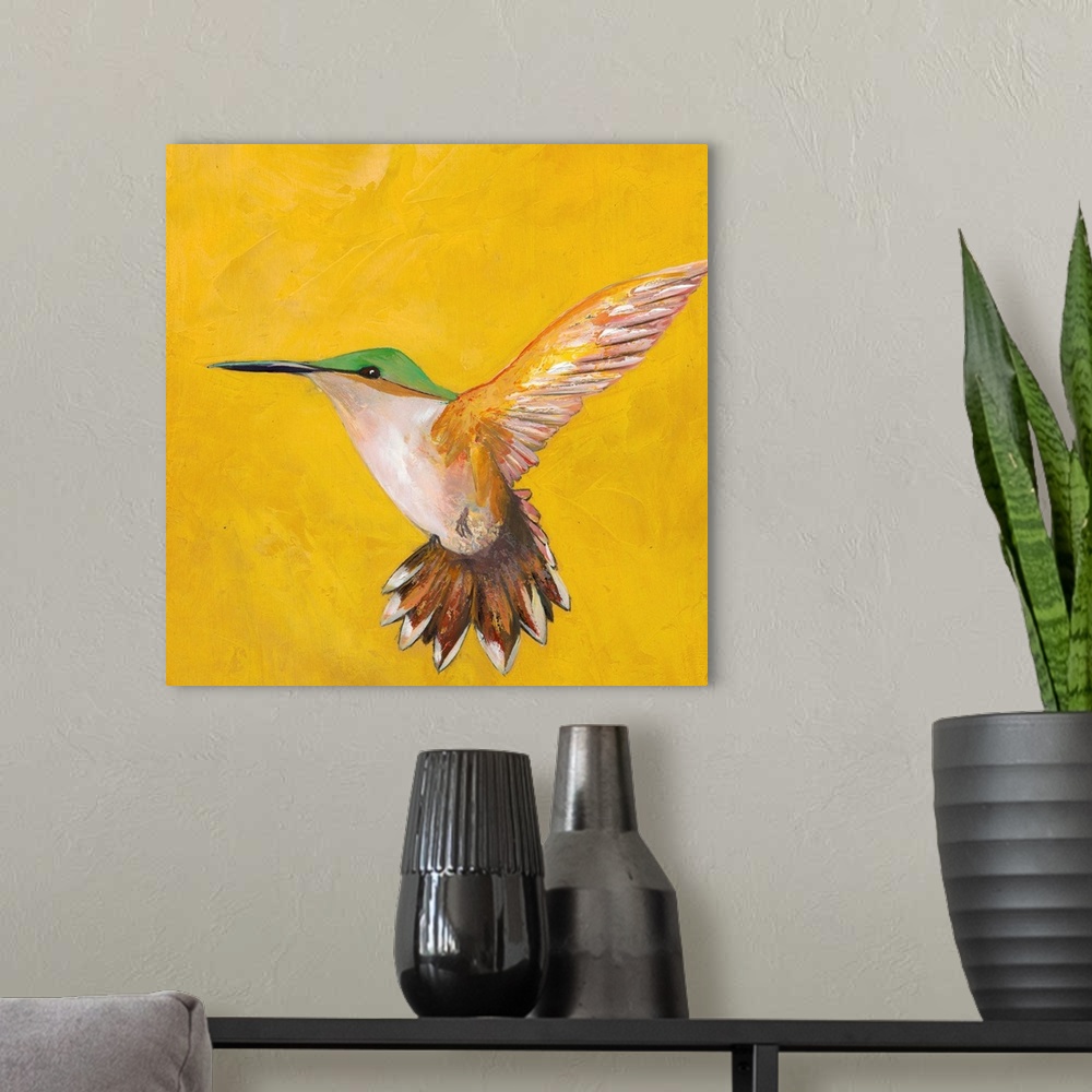 A modern room featuring Contemporary painting of a hummingbird hovering against a yellow background.