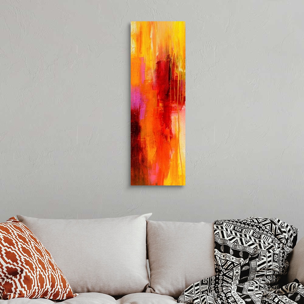A bohemian room featuring Contemporary vertical panoramic painting of colorful linear brush strokes and running paint.