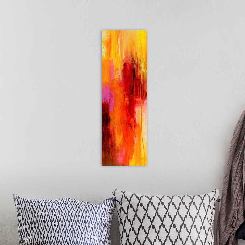 A bohemian room featuring Contemporary vertical panoramic painting of colorful linear brush strokes and running paint.