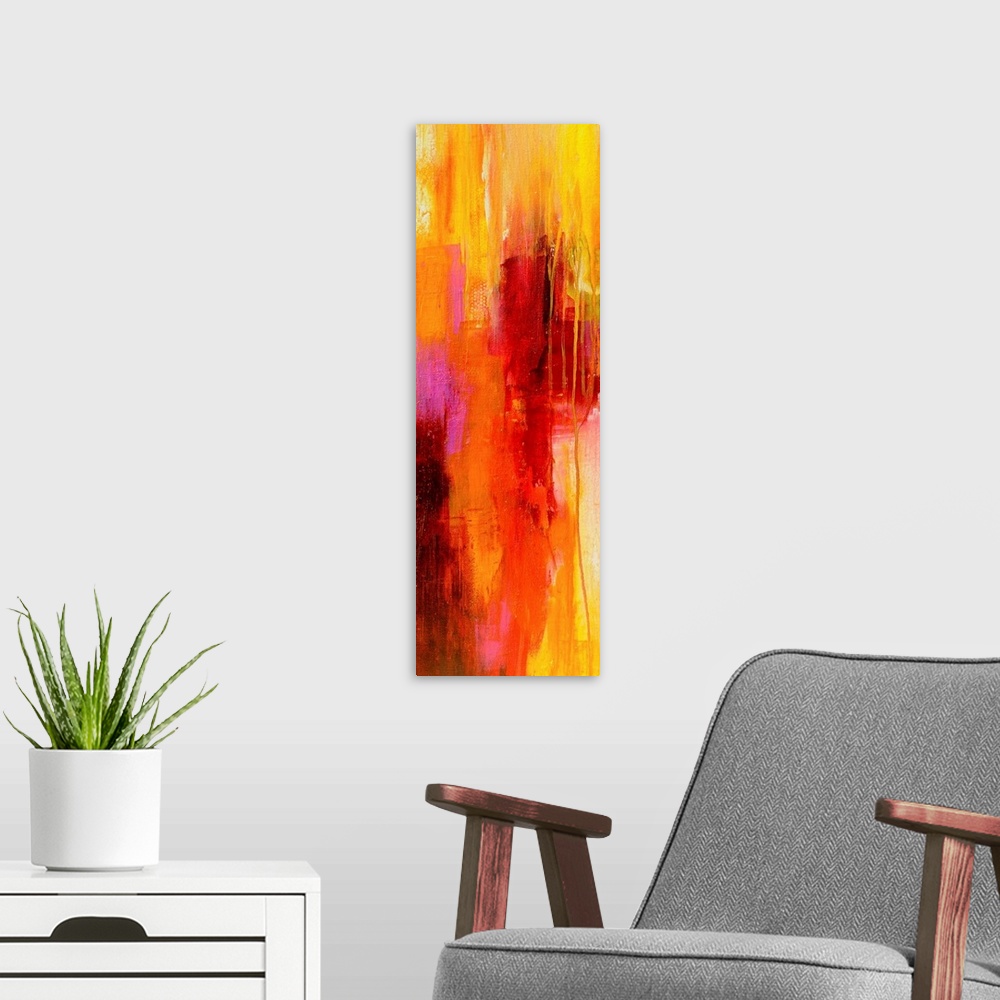 A modern room featuring Contemporary vertical panoramic painting of colorful linear brush strokes and running paint.