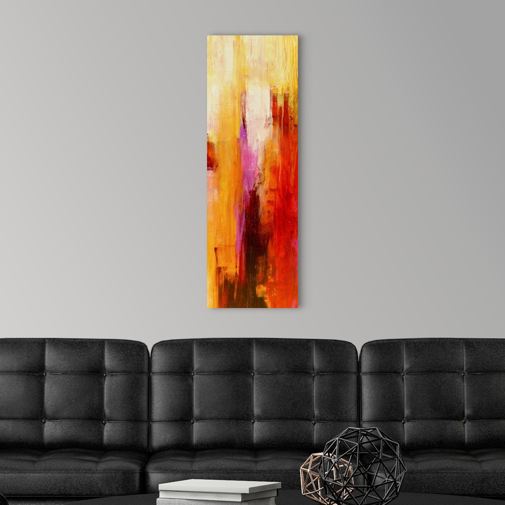 A modern room featuring Vertical panoramic painting of vertical brush strokes of warm colors overlapping.