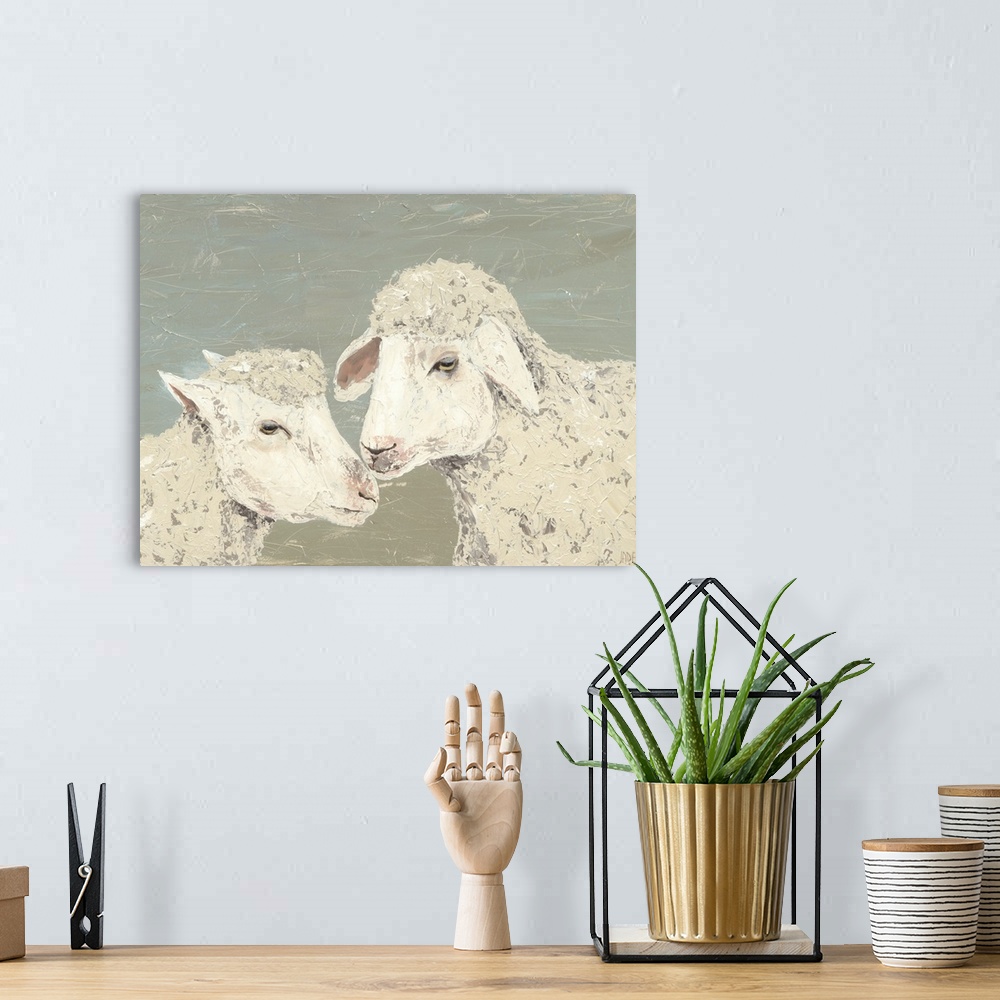 A bohemian room featuring Contemporary painting of two ivory lambs with textured brushstrokes all over.