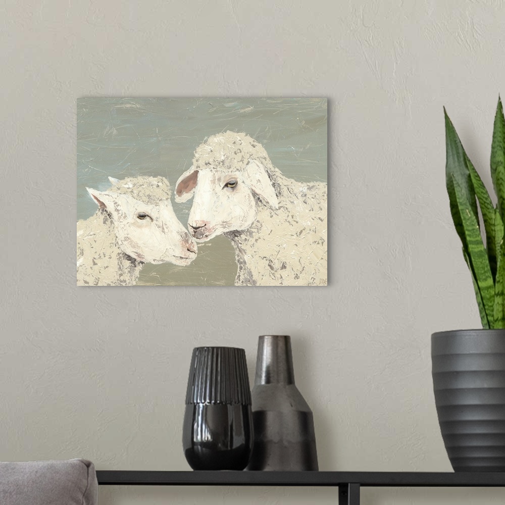 A modern room featuring Contemporary painting of two ivory lambs with textured brushstrokes all over.