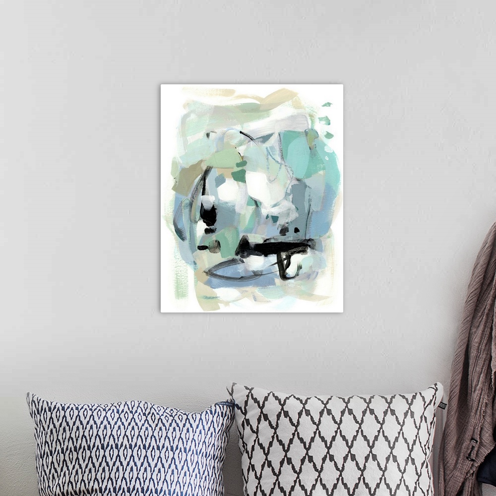 A bohemian room featuring Abstract modern artwork in teal and black on white, in swift, gestural brushstrokes.
