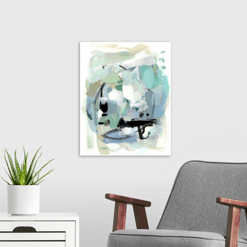 A modern room featuring Abstract modern artwork in teal and black on white, in swift, gestural brushstrokes.