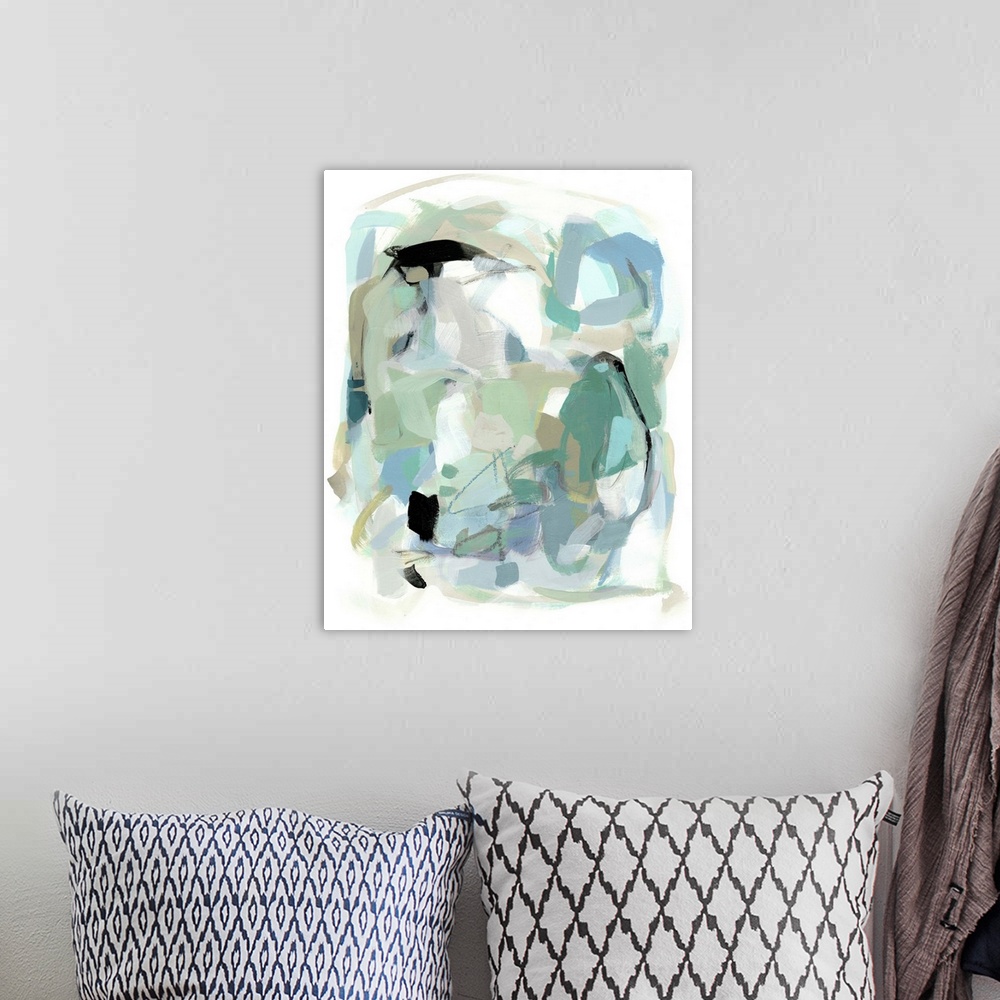 A bohemian room featuring Abstract modern artwork in teal and black on white, in swift, gestural brushstrokes.