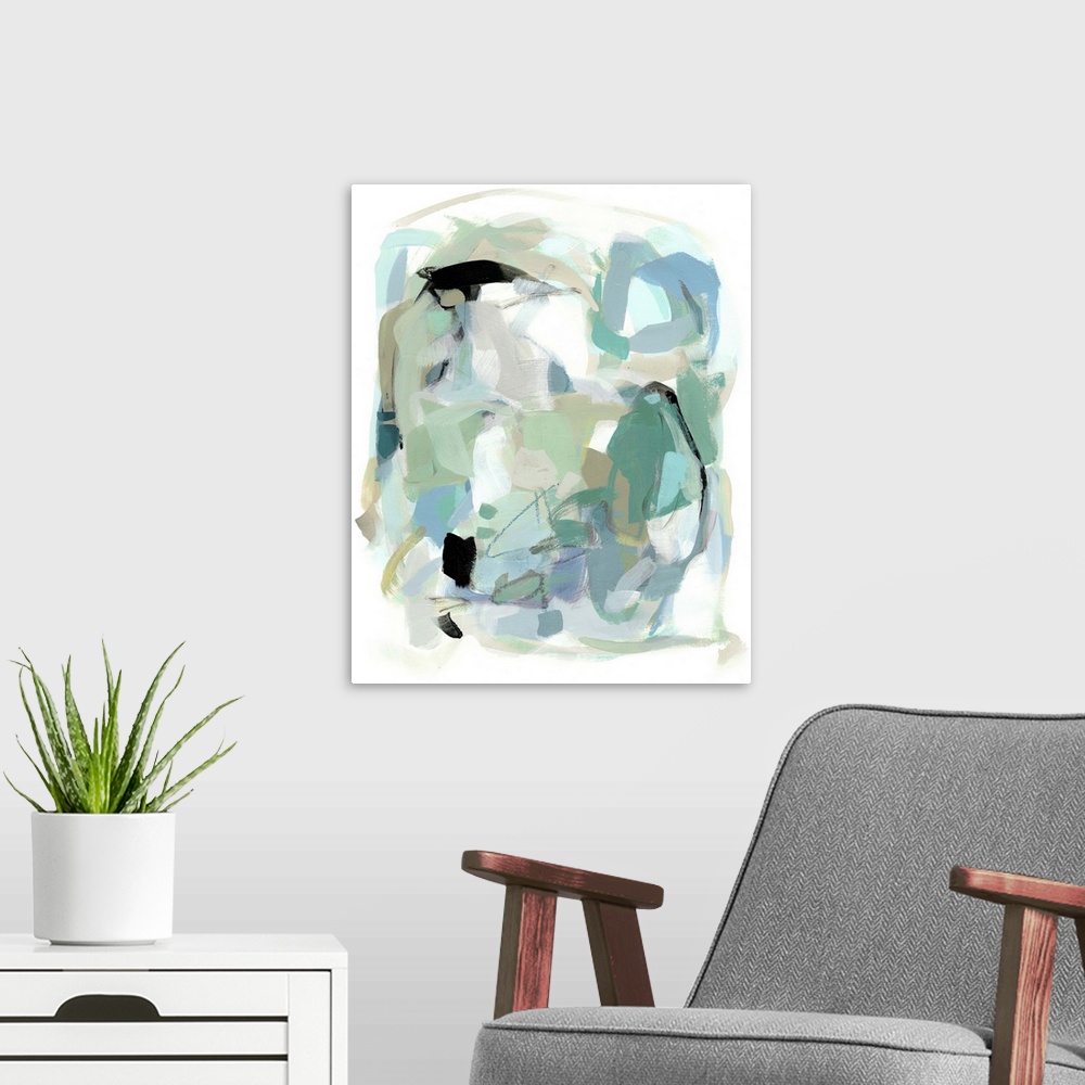 A modern room featuring Abstract modern artwork in teal and black on white, in swift, gestural brushstrokes.