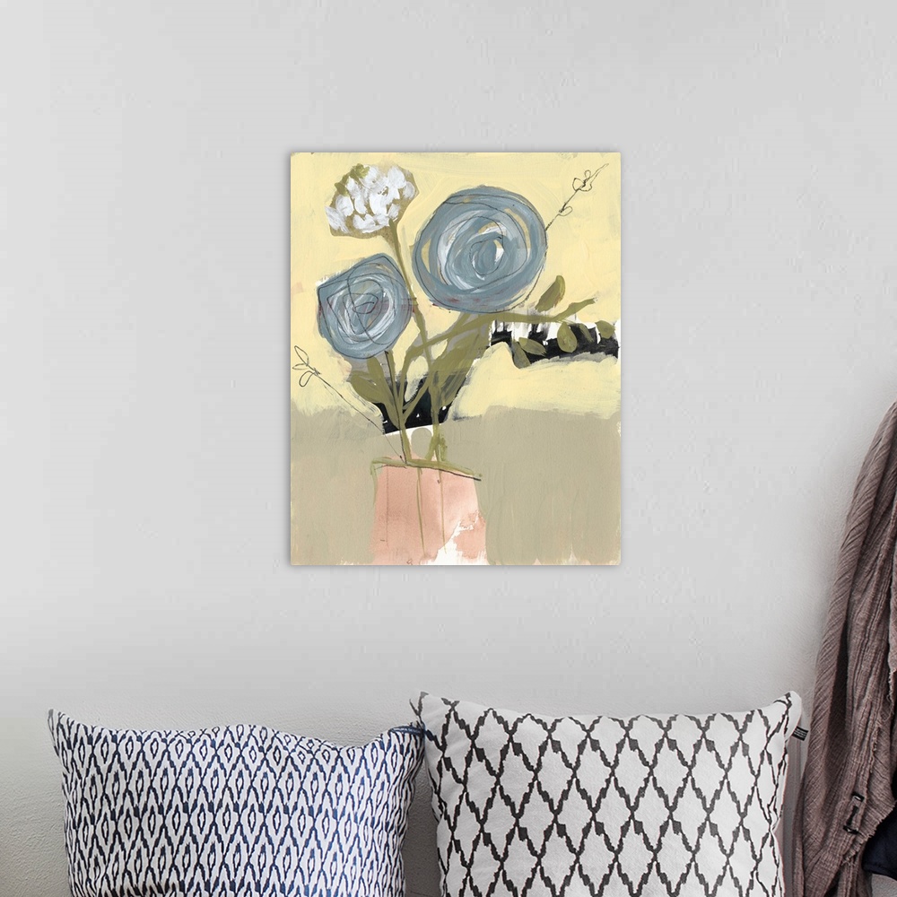 A bohemian room featuring Contemporary painting of a bouquet of blue flowers on a yellow and tan background.